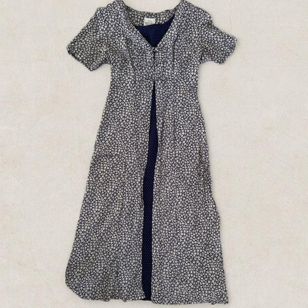 TR Bentley Vintage Floral Polka Dot Midi Dress Navy Blue Size 6 Corset Back 90s